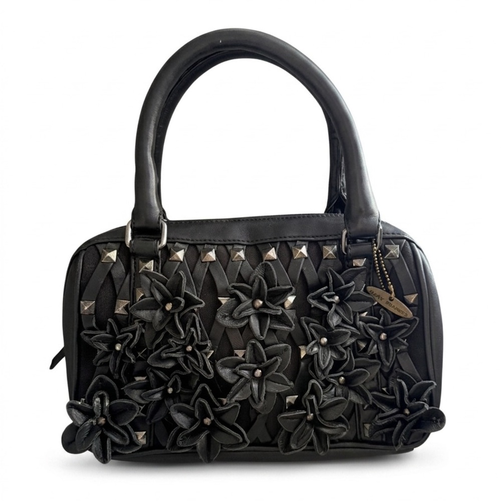 RARE Signed Mary Frances Black Leather 3D Flower Studded Satchel Handbag